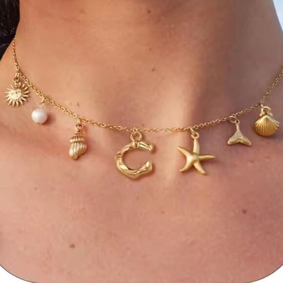 New Initial C Summer Gold Charm Beach Necklace - Picture 1 of 8